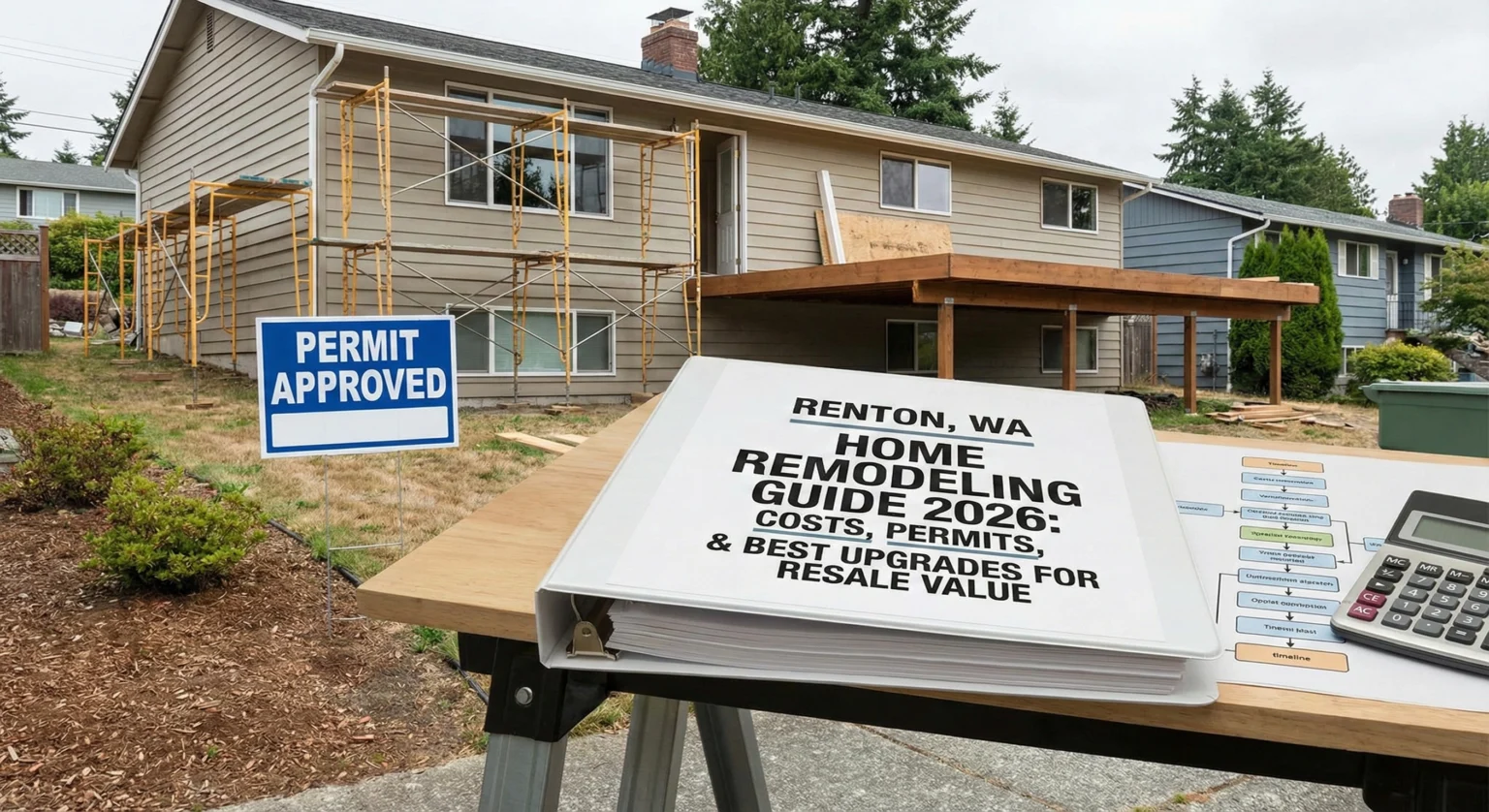A single-family home in Renton, Washington, undergoing renovation with visible scaffolding and a building permit sign. In the foreground is the open 'Renton, WA Home Remodeling Guide 2026' along with architectural plans and a calculator, symbolizing cost and investment planning.