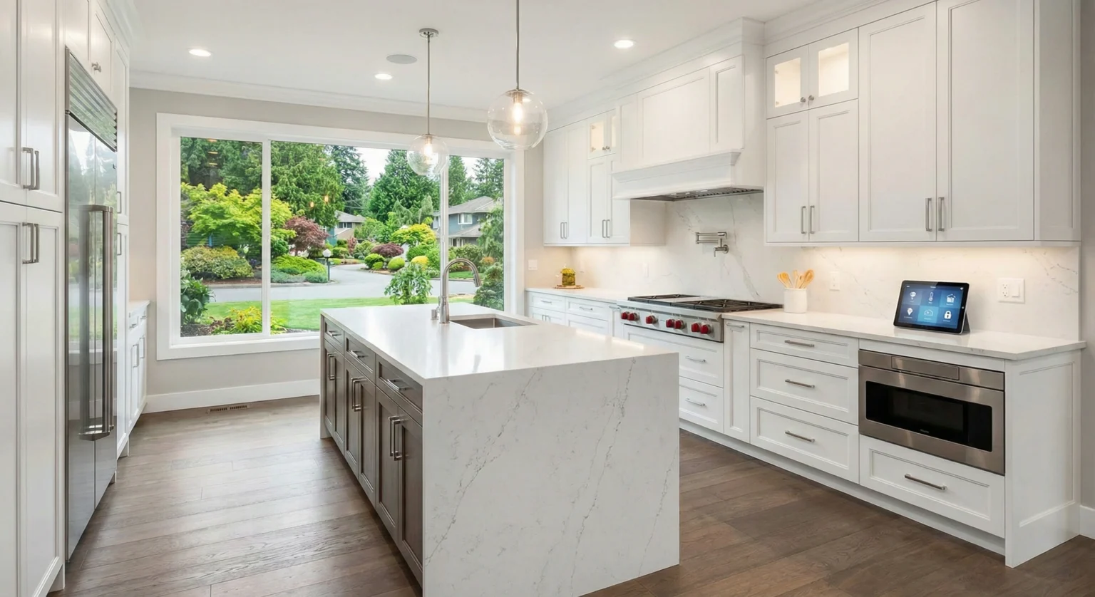 A luxurious kitchen remodel in Bellevue, WA, featuring custom white shaker cabinetry, a large waterfall quartz island with pendant lighting, high-end stainless steel appliances, and dark hardwood floors. A sprawling picture window overlooks a lush suburban neighborhood, and a smart home automation tablet sits on the counter.