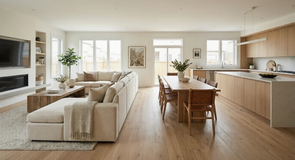Interior living space with continuous flooring