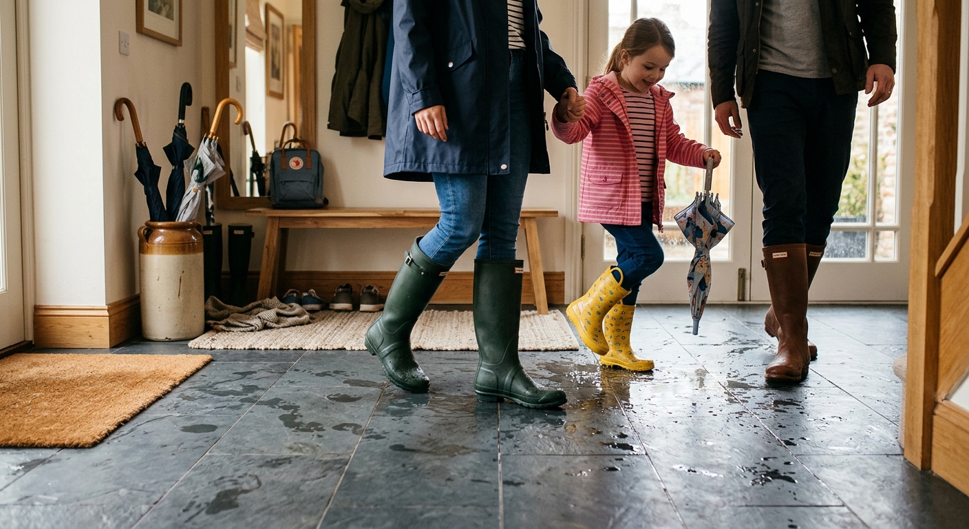 Wet boots on tile entryway floor
