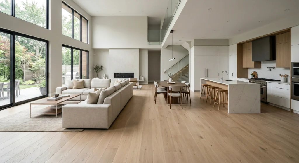 Custom Flooring for Modern Homes – Materials, Trends & Installation Guide Custom wide-plank hardwood flooring installed in a modern open-concept living room and kitchen interior.