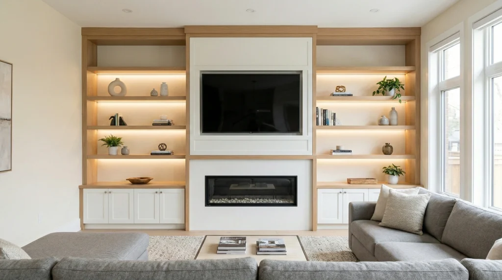 Modern Fireplace Designs – Custom Built-In & Contemporary Fireplace Ideas Custom built-in wall unit with centered fireplace, floating shelves on both sides