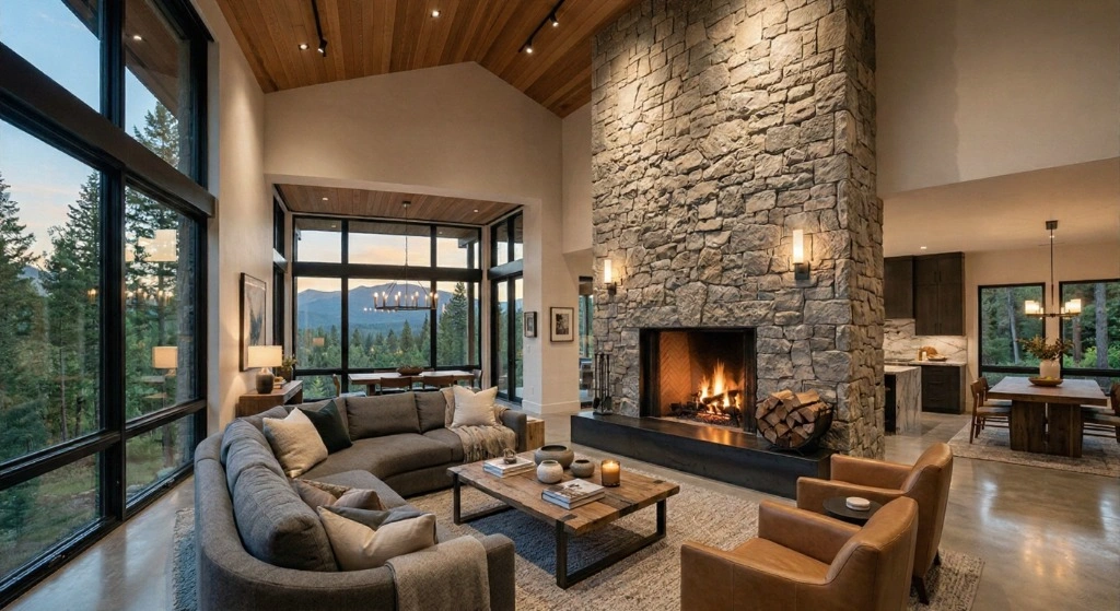 Modern Fireplace Designs – Custom Built-In & Contemporary Fireplace Ideas Dramatic floor-to-ceiling stone fireplace in modern open-concept living room