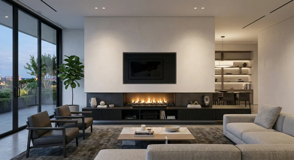 Modern Fireplace Designs – Custom Built-In & Contemporary Fireplace Ideas Modern living room with long linear gas fireplace design set into minimalist wall