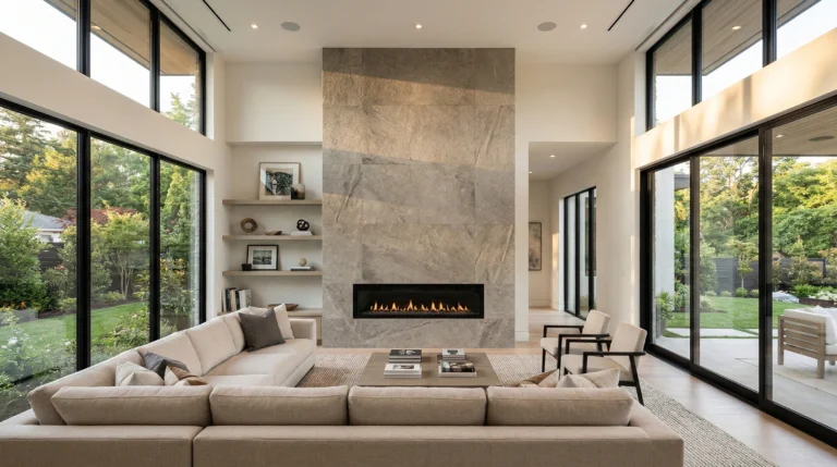 Modern floor-to-ceiling linear fireplace with stone surround in a contemporary living room interior.