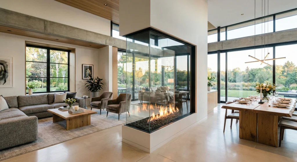Modern Fireplace Designs – Custom Built-In & Contemporary Fireplace Ideas Double-sided glass fireplace dividing living and dining space