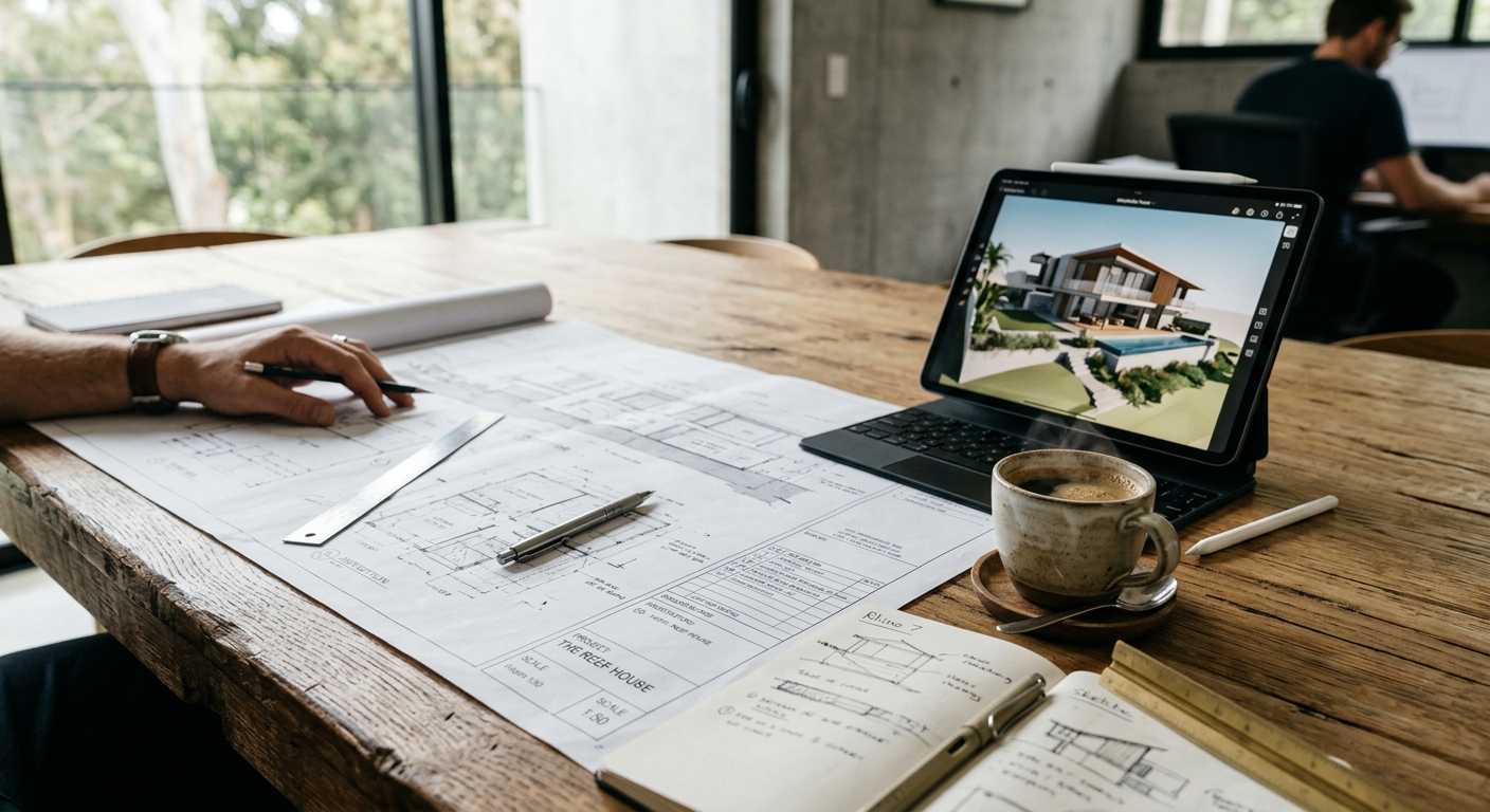 Architectural blueprints and 3D tablet model