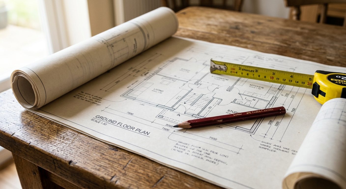 How to Tell if a Wall is Load-Bearing Before a Mercer Island Kitchen Remodel Architectural blueprints and tape measure