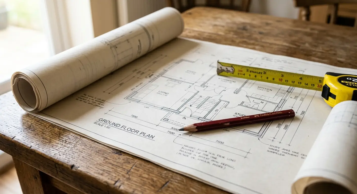 How to Tell if a Wall is Load-Bearing Before a Mercer Island Kitchen Remodel Architectural blueprints and tape measure