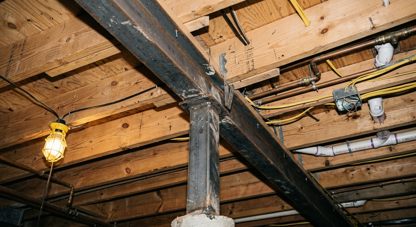 How to Tell if a Wall is Load-Bearing Before a Mercer Island Kitchen Remodel Basement floor joists and support column
