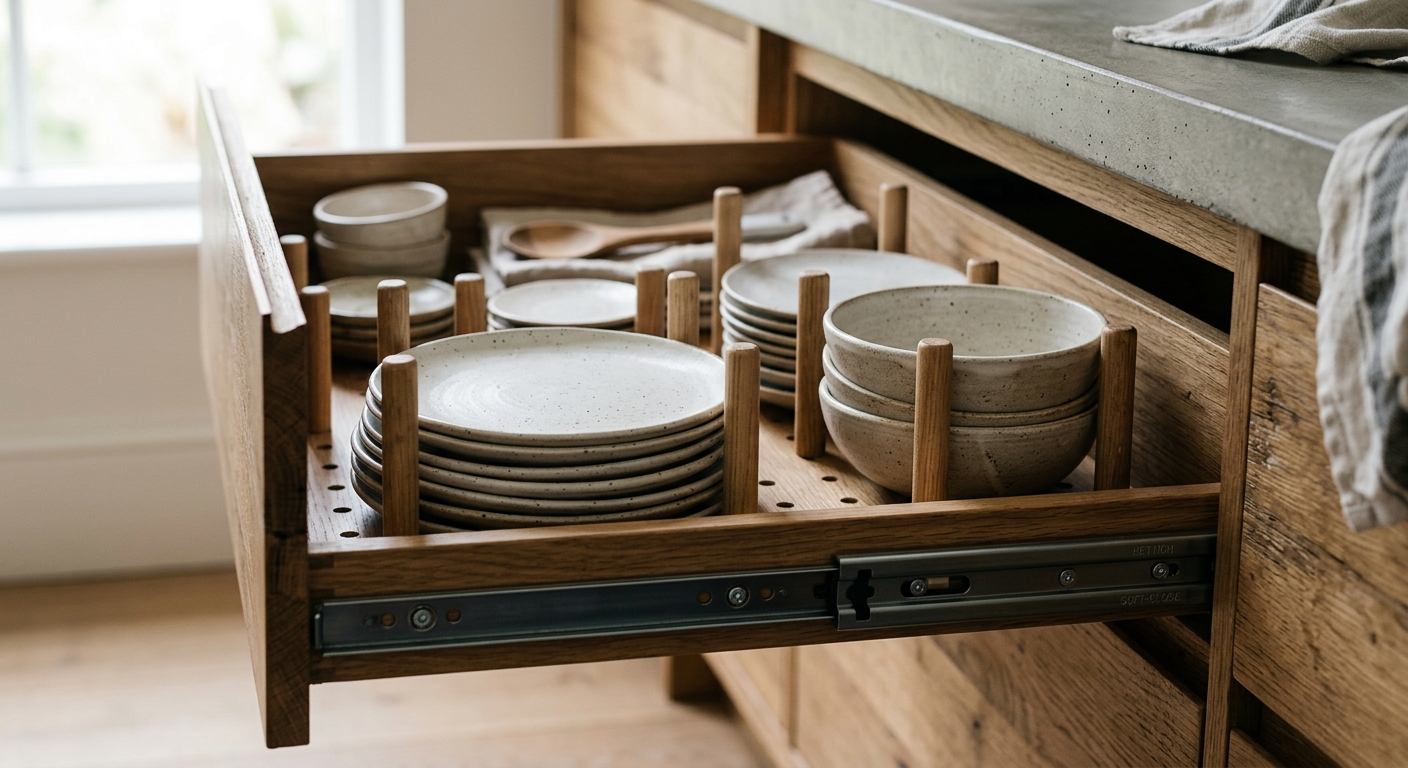Deep drawer with organized ceramic plates