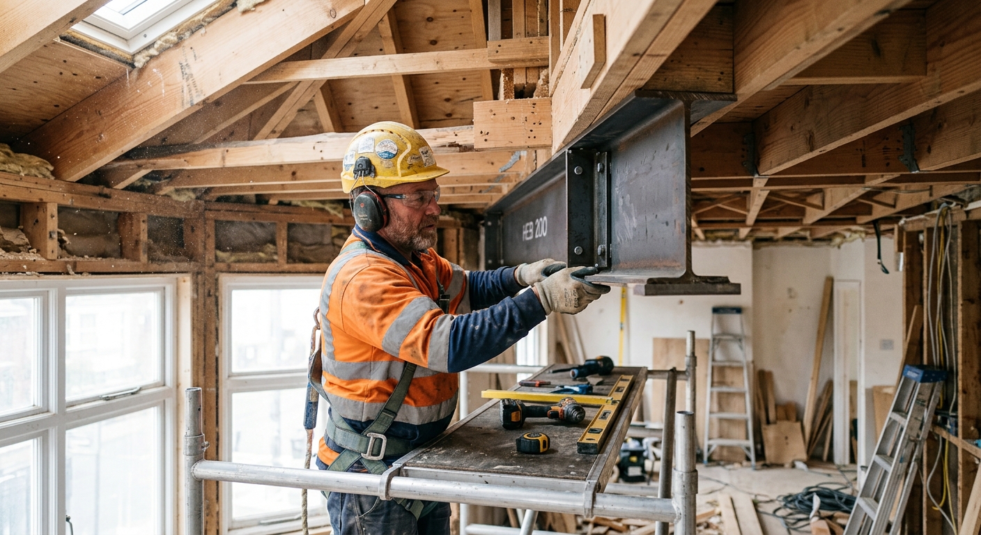 How to Tell if a Wall is Load-Bearing Before a Mercer Island Kitchen Remodel Installing steel beam in ceiling