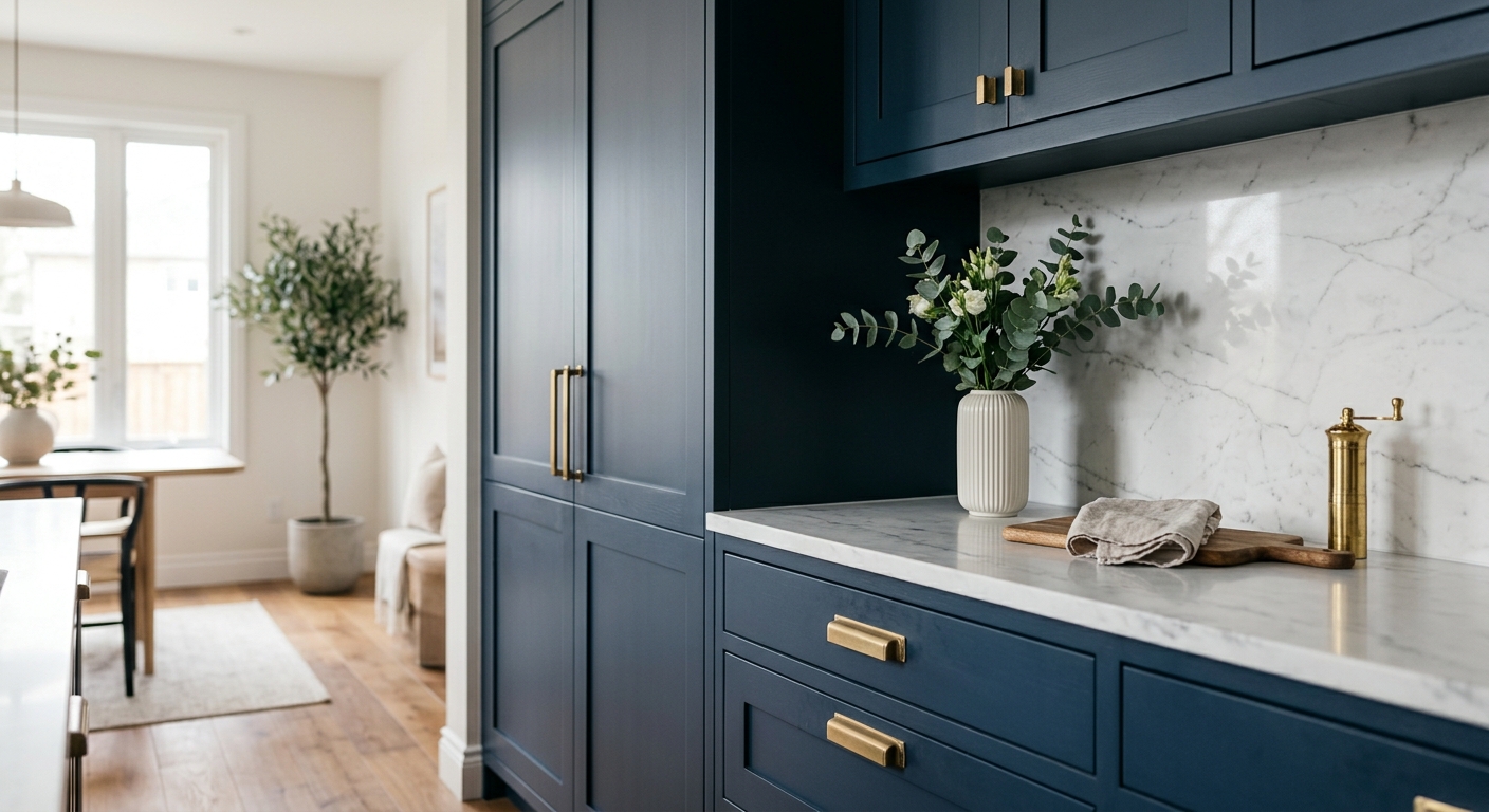 Navy blue cabinetry with brass hardware