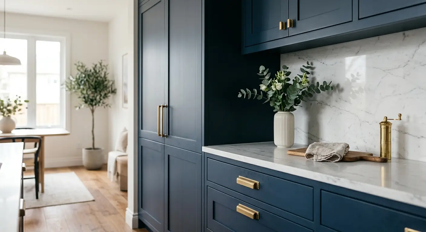 Updating an 80s or 90s House: Top Kitchen Remodeling Trends in Federal Way WA Navy blue cabinetry with brass hardware