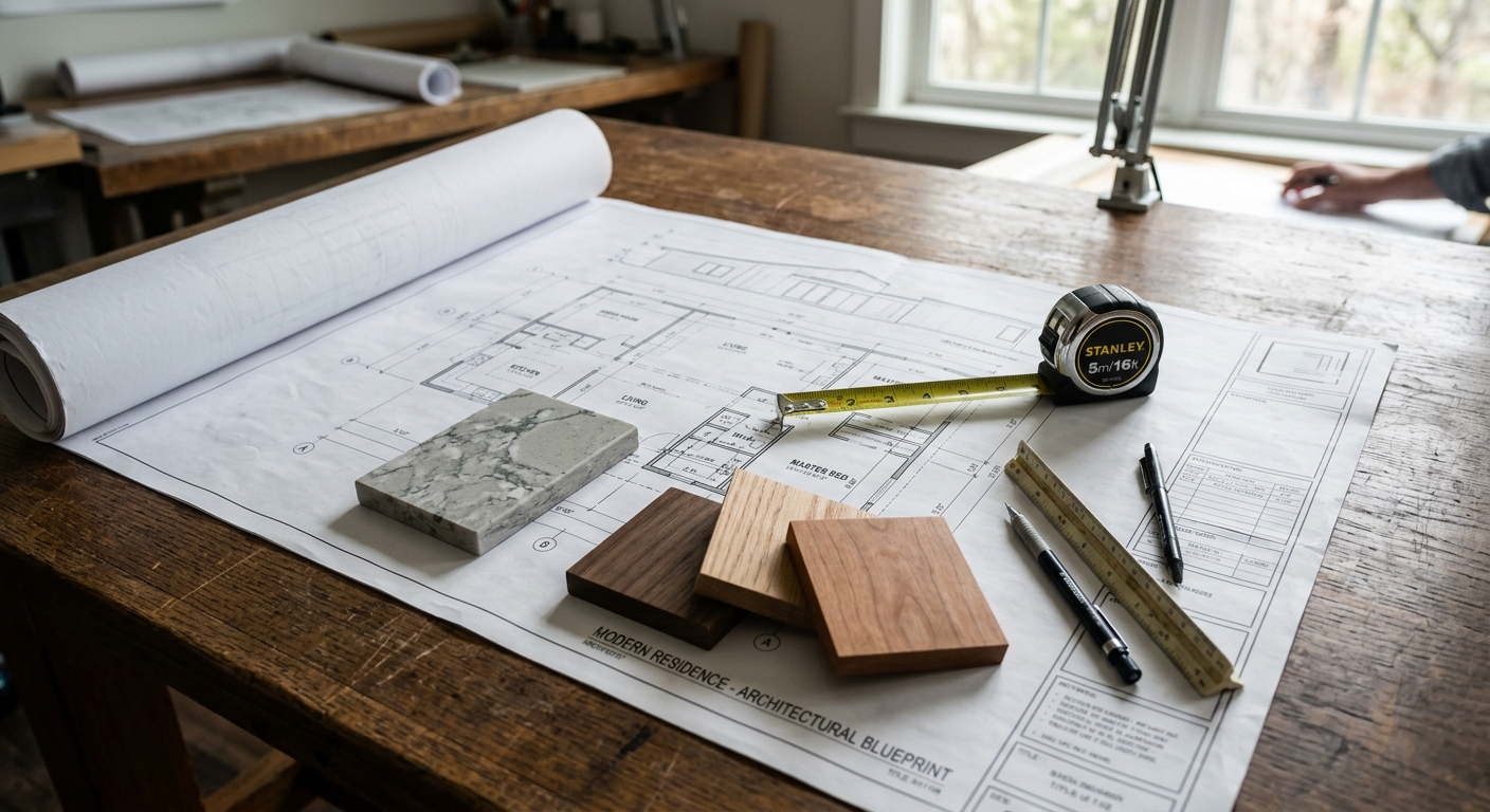 Renovation blueprints and material samples on a table