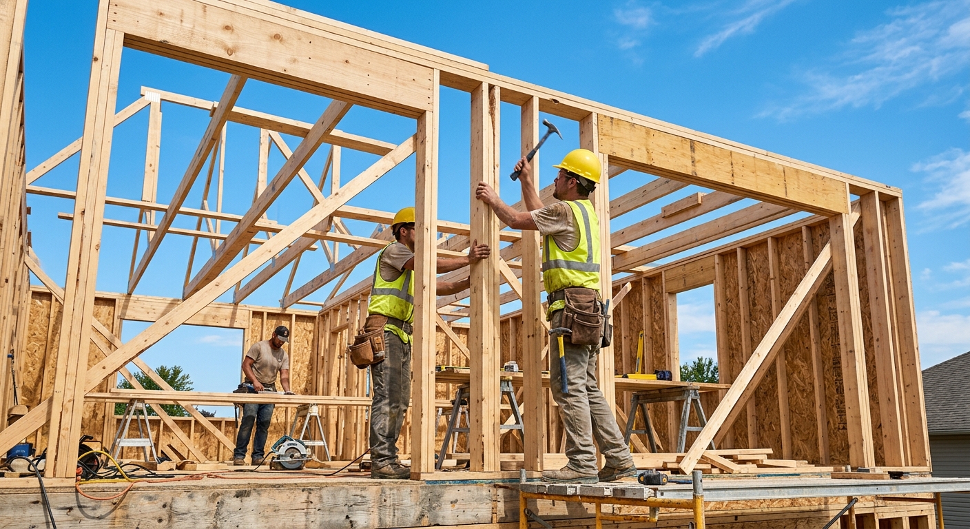 Construction crew framing a home addition