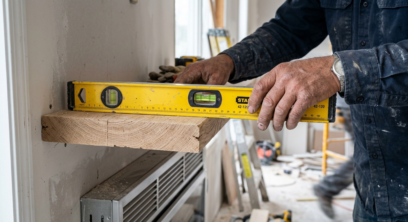 Contractor leveling a wooden mantelpiece