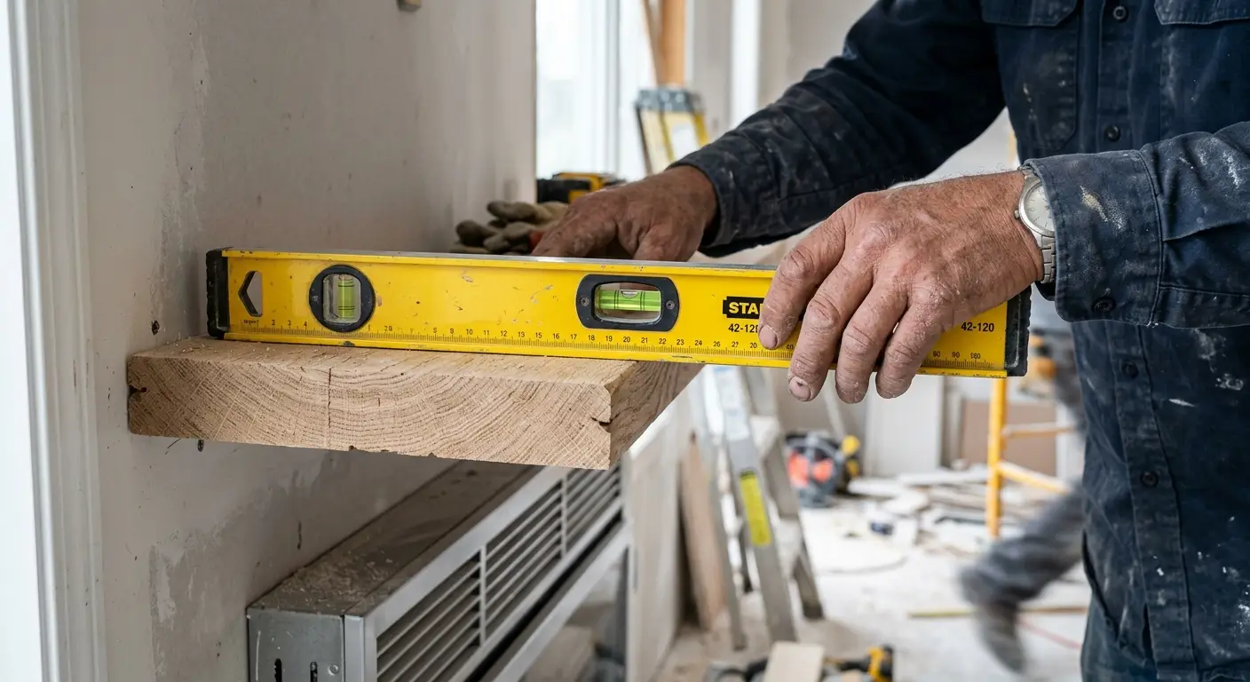 How Much Does It Cost and How Does Modern Fireplace Installation Work in Bellevue? A Complete Homeowner's Guide Contractor leveling a wooden mantelpiece