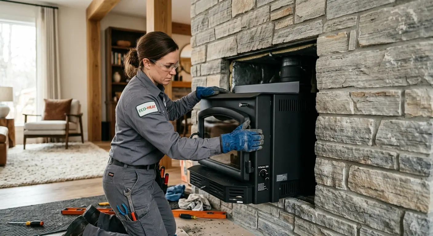 How Much Does It Cost and How Does Modern Fireplace Installation Work in Bellevue? A Complete Homeowner's Guide Technician fitting heating unit in wall