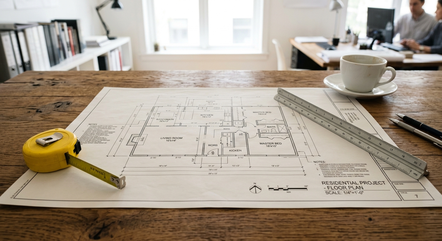Architectural blueprints and measuring tape