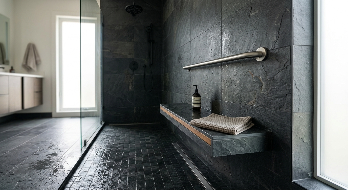 Curbless shower with grab bar