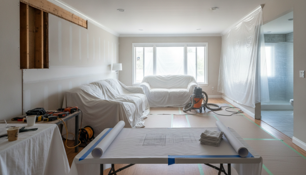 5 Examples of Great Contractor Service During a Major Home Renovation A modern home under renovation with clean wooden beams, architectural blueprints, and tools on a sunlit table.