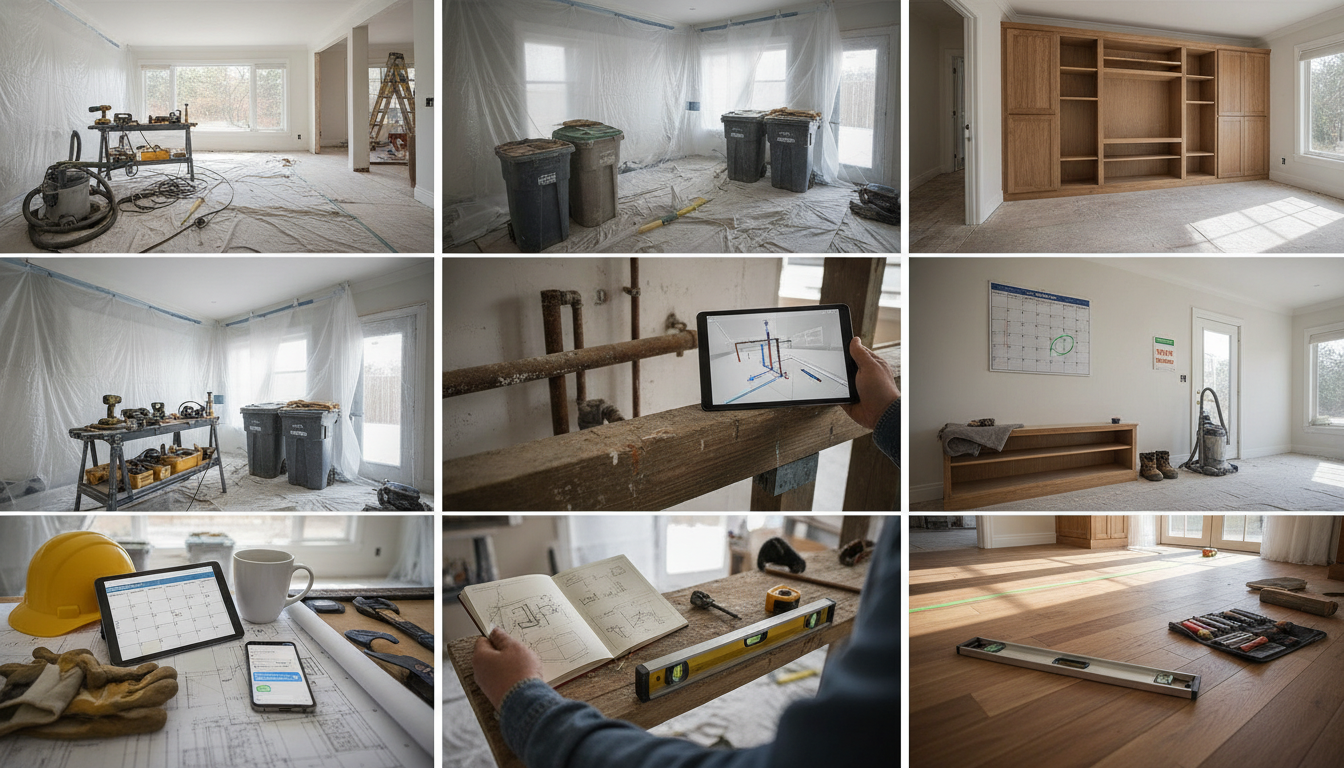 5 Examples of Great Contractor Service During a Major Home Renovation A realistic editorial photo of an active home renovation site with wood framing and tools under natural light.