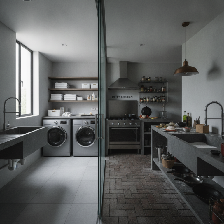 Bright utility space featuring a clean service counter, organized storage, and a sink bathed in natural sunlight