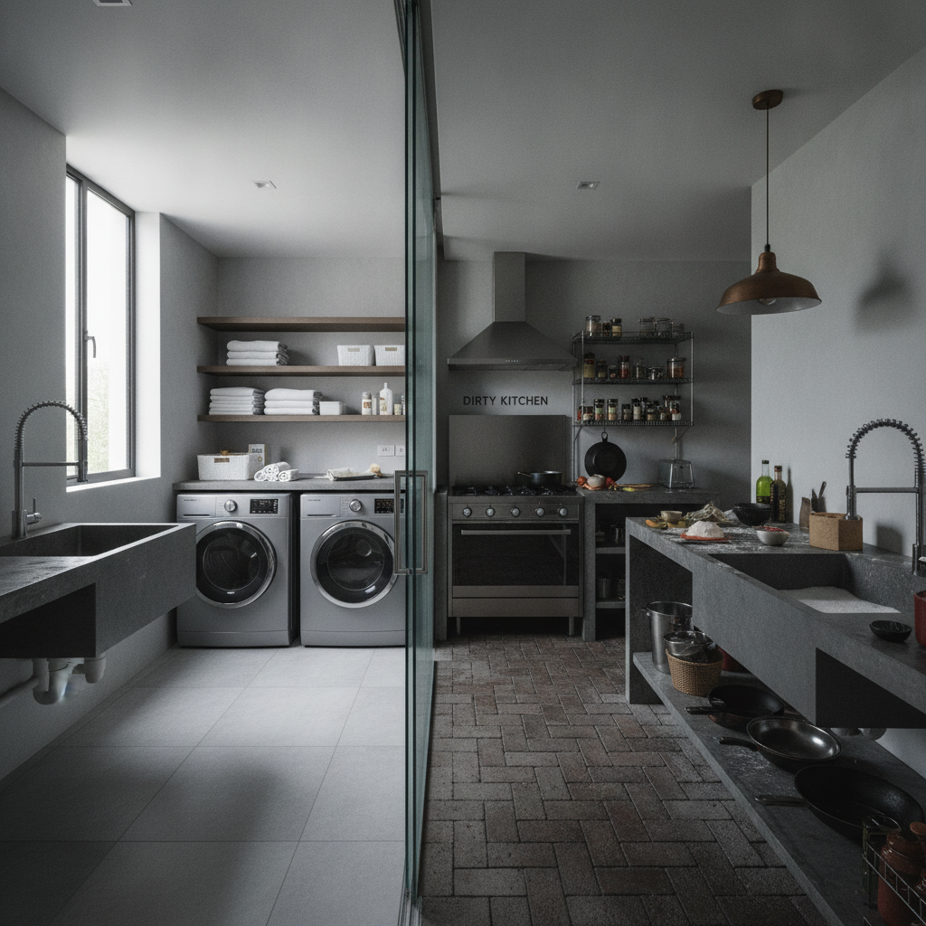 Service Area vs. Dirty Kitchen: Planning Your Home's Utility Spaces Bright utility space featuring a clean service counter, organized storage, and a sink bathed in natural sunlight