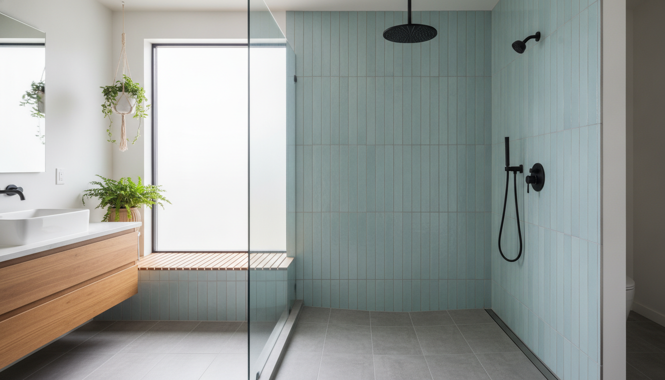 Curbless Shower Installation Cost & Ideas for Seattle Homes in 2026 Close-up of a curbless shower linear drain installation showcasing precise floor sloping and waterproof tiling.