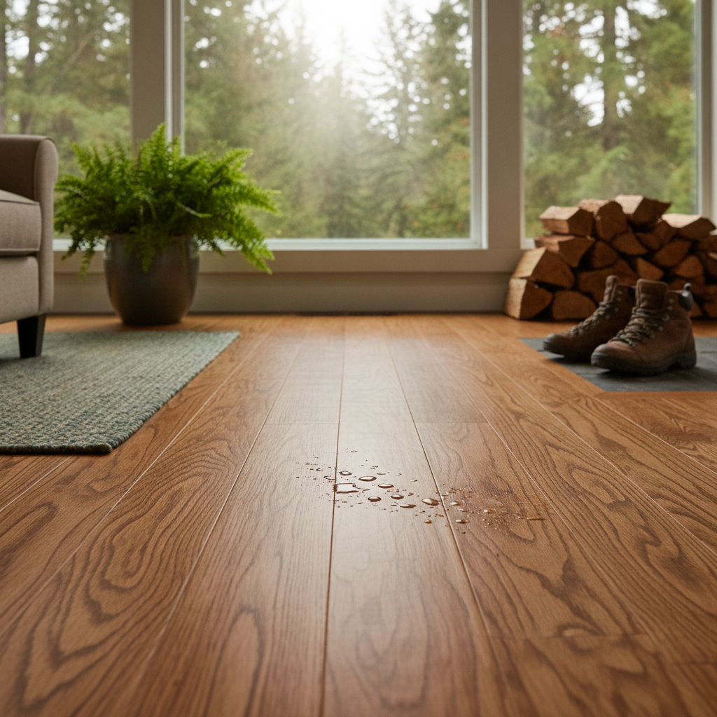 Close-up of water droplets beading safely on a moisture-resistant LVP floor surface.