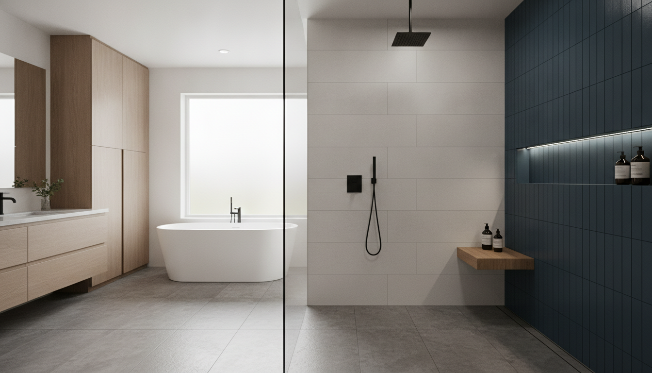 Curbless Shower Installation Cost & Ideas for Seattle Homes in 2026 Close-up of waterproof sloped tile flooring and a sleek stainless steel linear drain in a curbless shower.