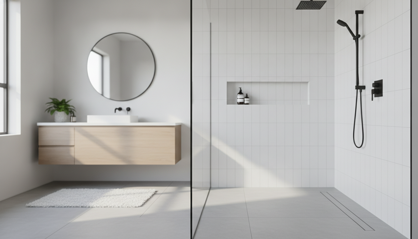 Curbless Shower Installation Cost & Ideas for Seattle Homes in 2026 Contractor installing custom waterproof membrane and large-format tiles for a curbless shower base.