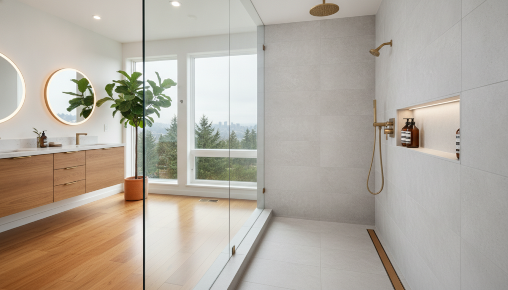 Curbless Shower Installation Cost & Ideas for Seattle Homes in 2026 Modern Seattle bathroom featuring a luxury curbless walk-in shower with frameless glass panels and linear drain.