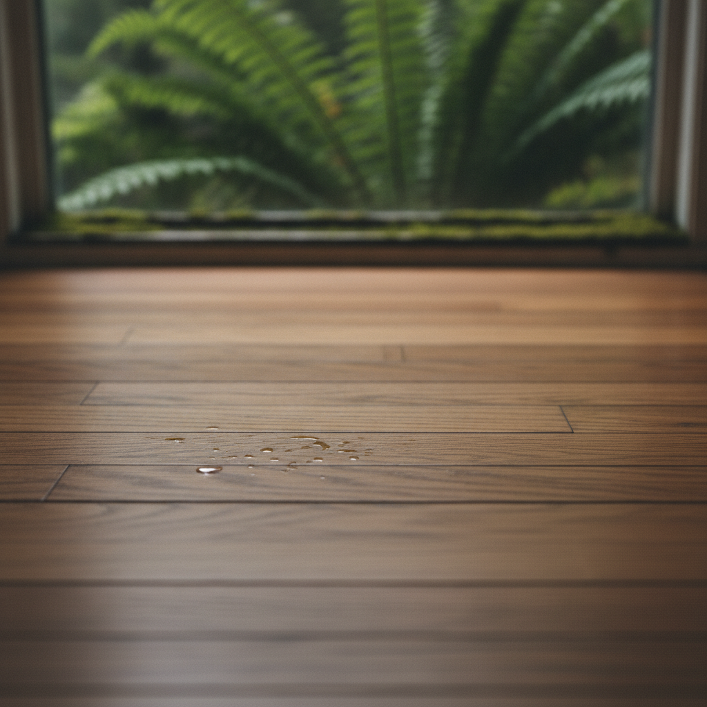 Natural light highlighting the authentic wood grain texture of dark polished hardwood flooring.