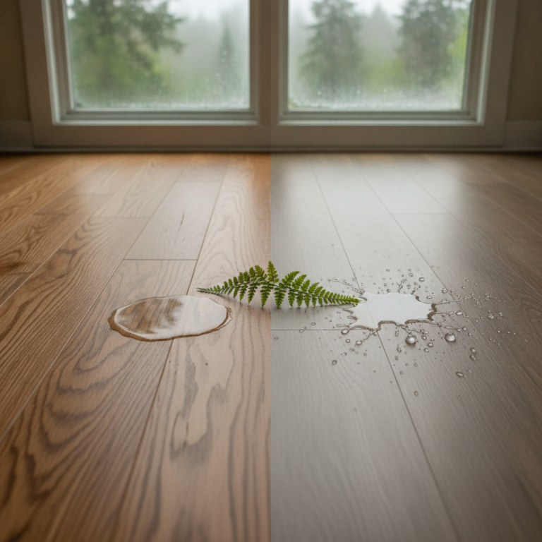 Side-by-side comparison of rich oak hardwood planks and durable luxury vinyl plank flooring.