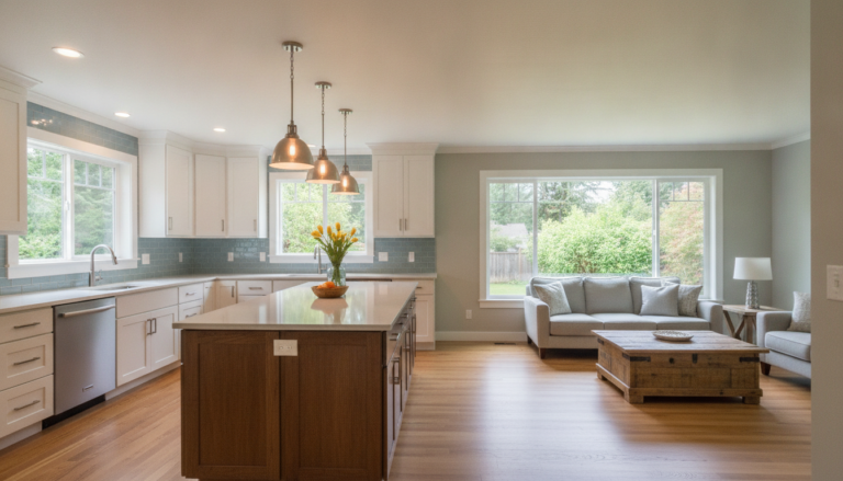 Bright open concept kitchen remodel with a large quartz island, wooden cabinetry, and hardwood floors in a suburban home