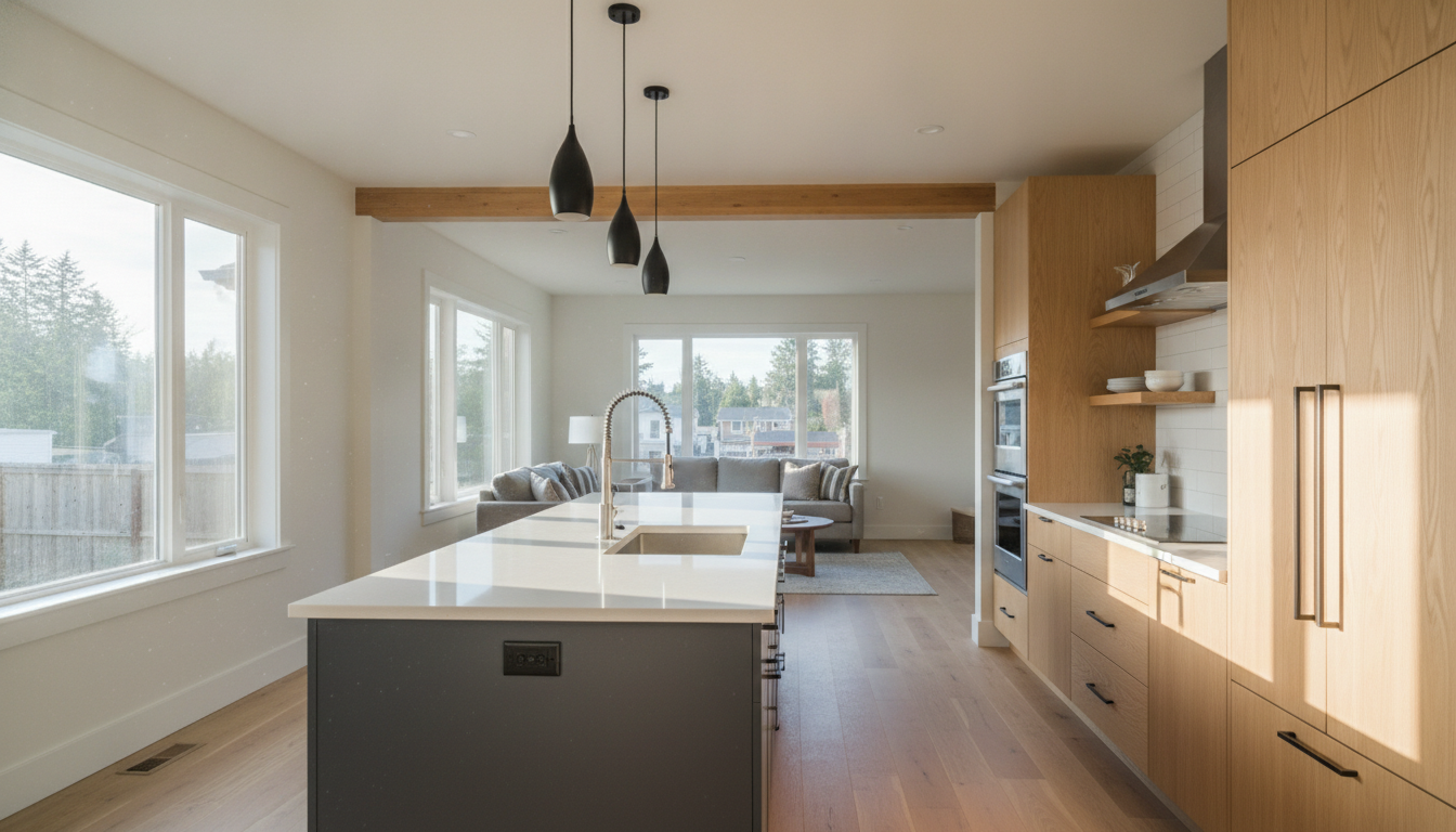 Cost to Convert an Older Renton Home to an Open Concept Kitchen Layout Bright open concept kitchen remodel with a large quartz island seamlessly connecting to the living room