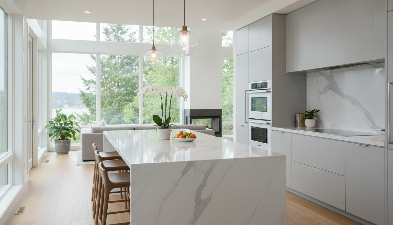Upscale Bellevue Kitchen Renovations: Design Options and Cost Expectations Close-up of bespoke navy blue kitchen cabinetry with brushed brass hardware and quartz countertops