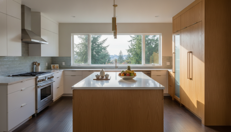 Modern luxury Bellevue kitchen with waterfall marble island, pendant lighting, and custom wood cabinets