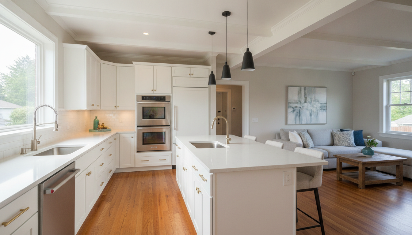 Cost to Convert an Older Renton Home to an Open Concept Kitchen Layout Modern open concept kitchen renovation with a central island and hardwood floors leading into a bright living room