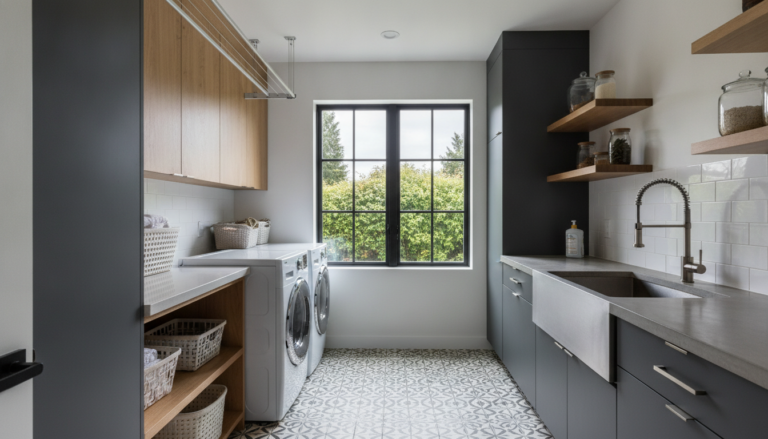 Bright modern laundry room with white front-load washer, dryer, quartz countertop, and sleek wooden cabinets