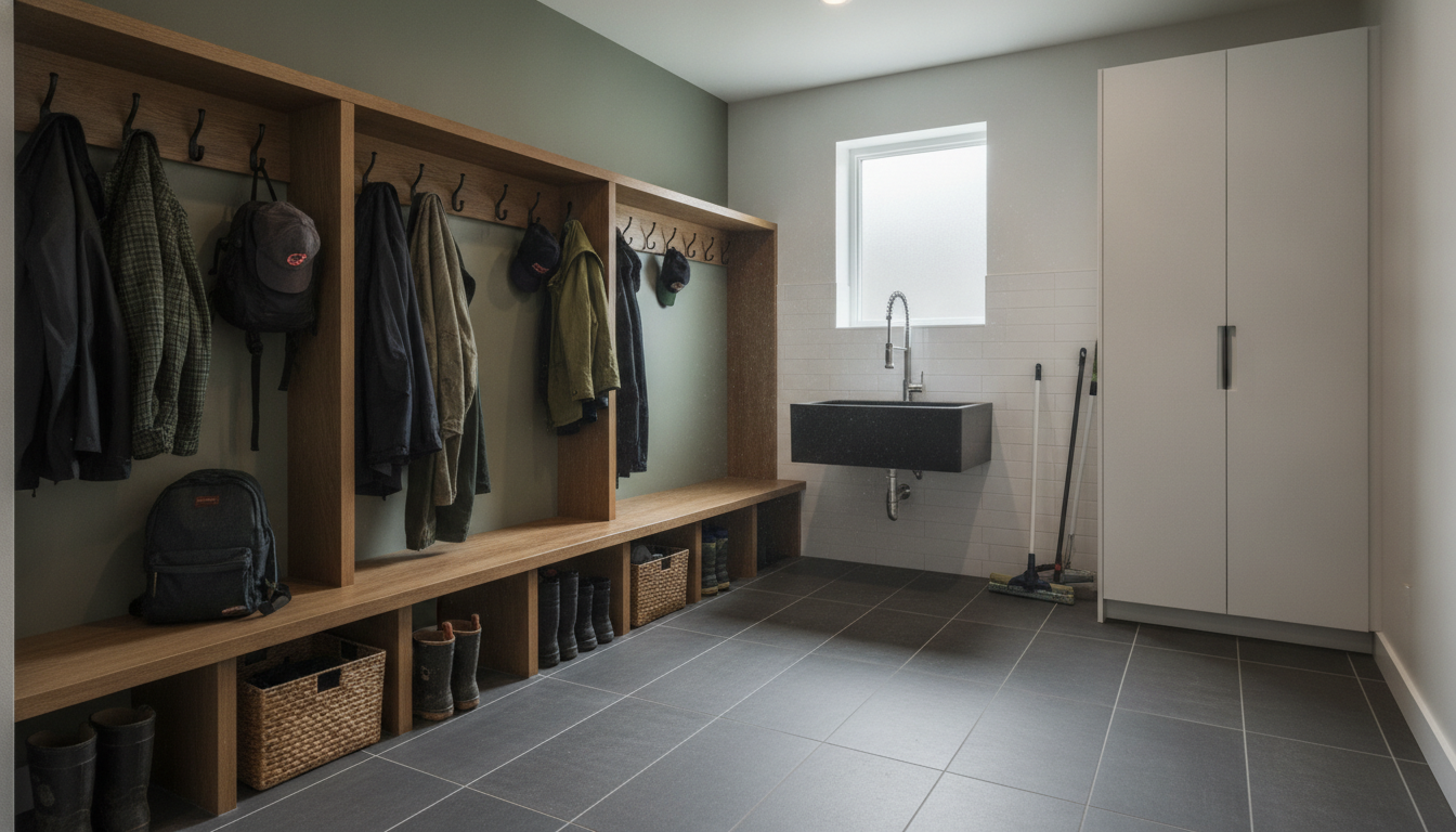 Modern Service Room Ideas: Designing Functional Laundry and Utility Spaces in Seattle Built-in laundry room shelving with woven storage baskets and folding table over stacked washing machines