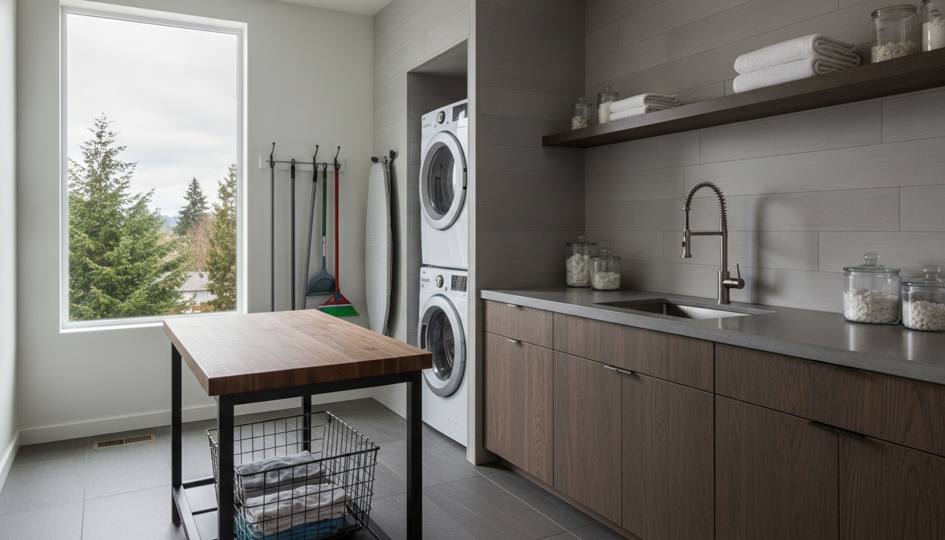 Modern Service Room Ideas: Designing Functional Laundry and Utility Spaces in Seattle Deep ceramic utility sink with matte black faucet alongside a wall-mounted hanging drying rack in utility room